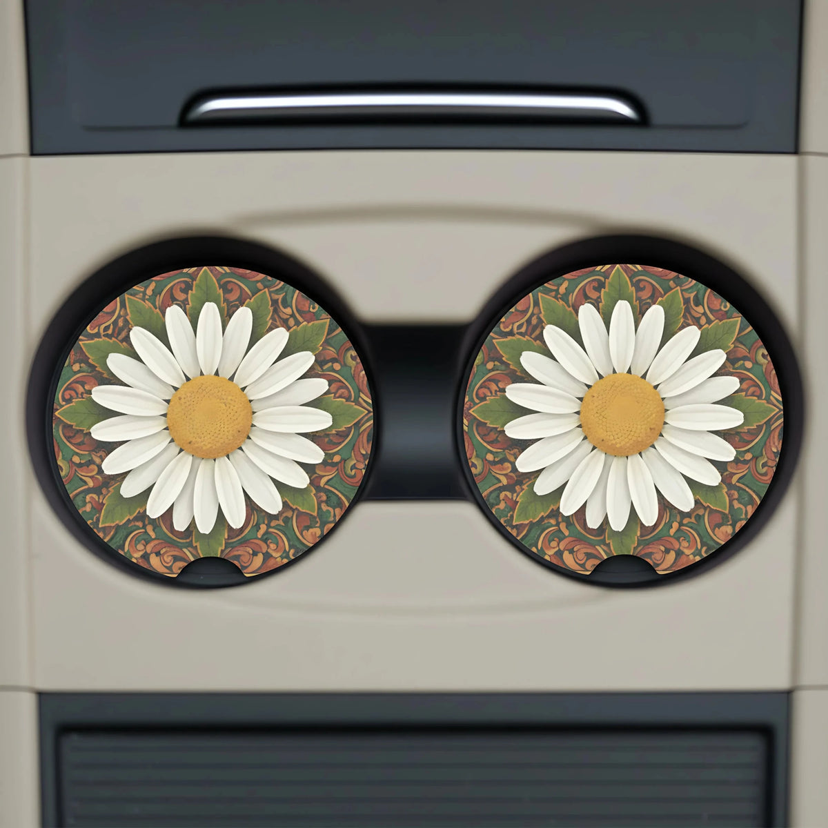 White Daisy Mandala Car Coasters Set - Road Muse
