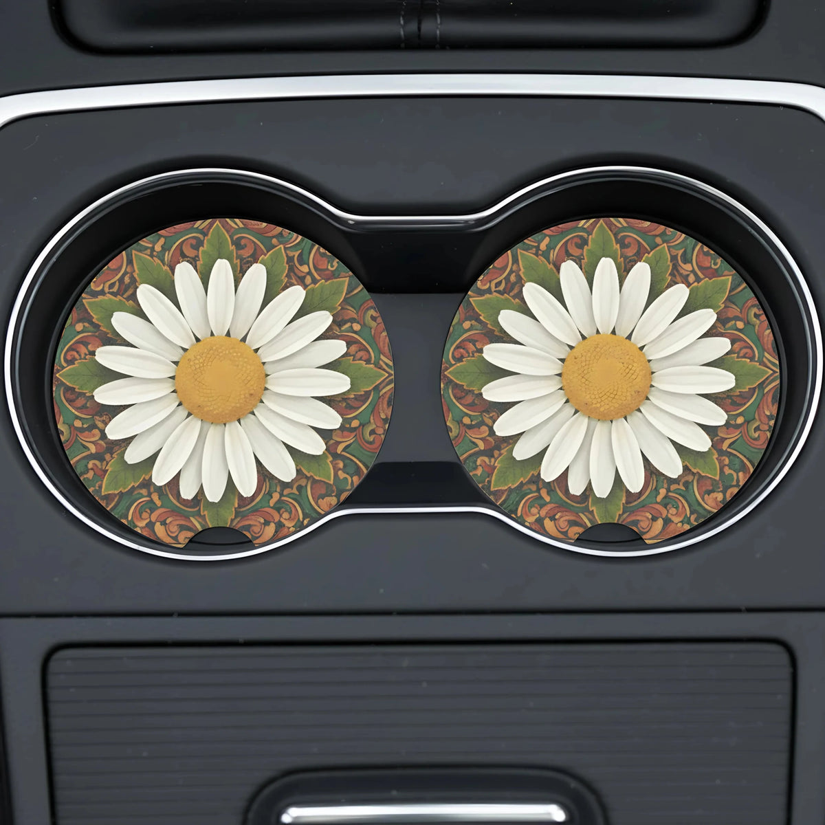 White Daisy Mandala Car Coasters Set - Road Muse