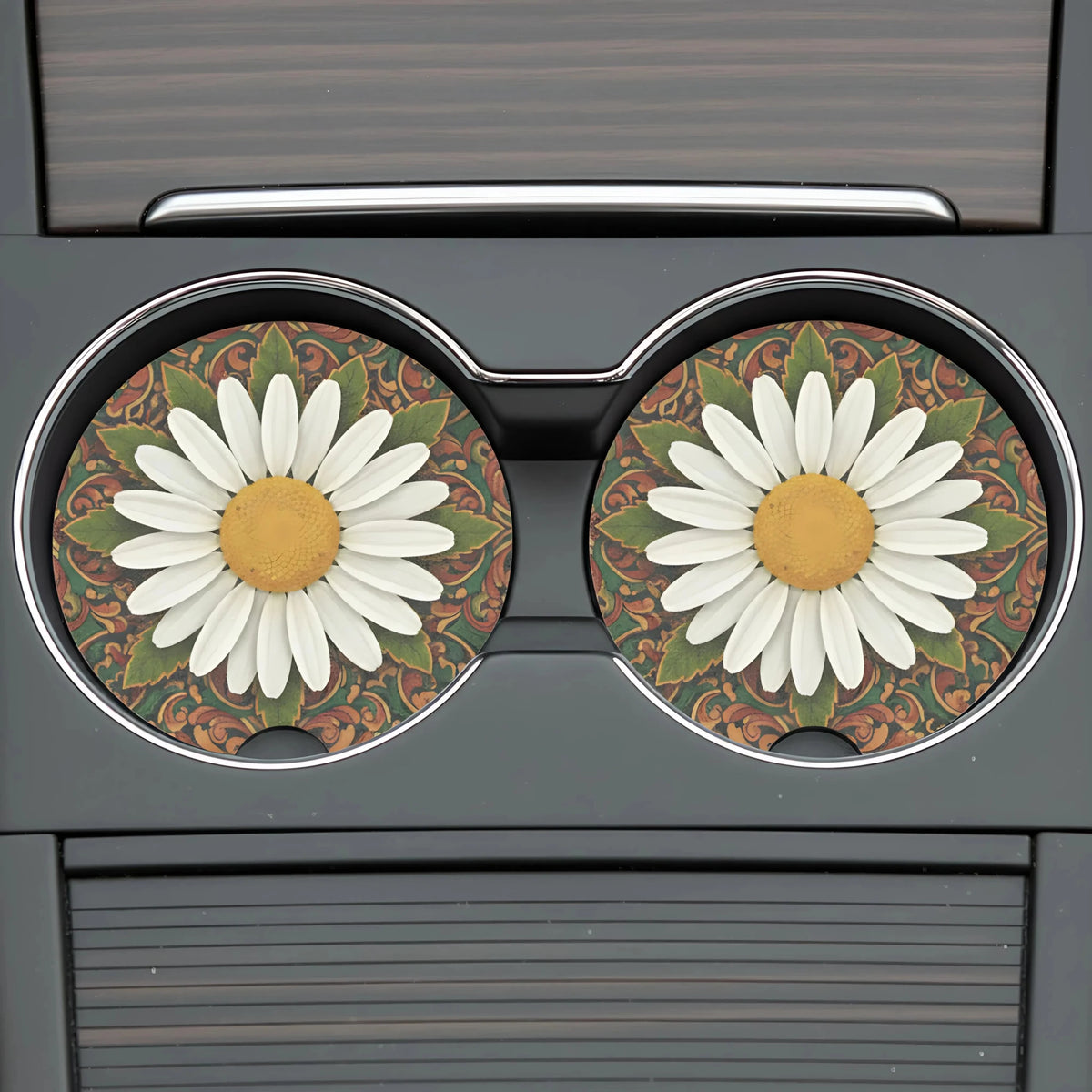 White Daisy Mandala Car Coasters Set - Road Muse