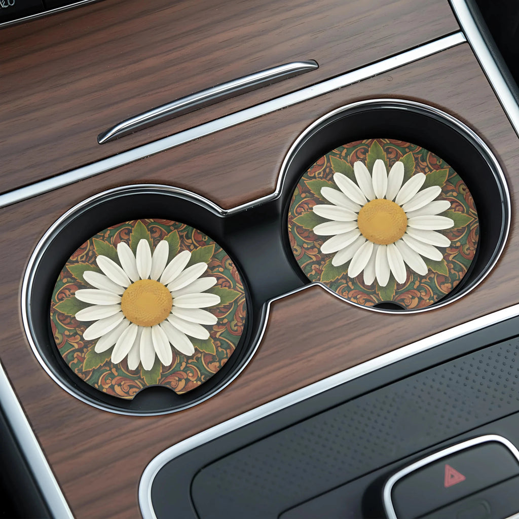 White Daisy Mandala Car Coasters Set - Road Muse