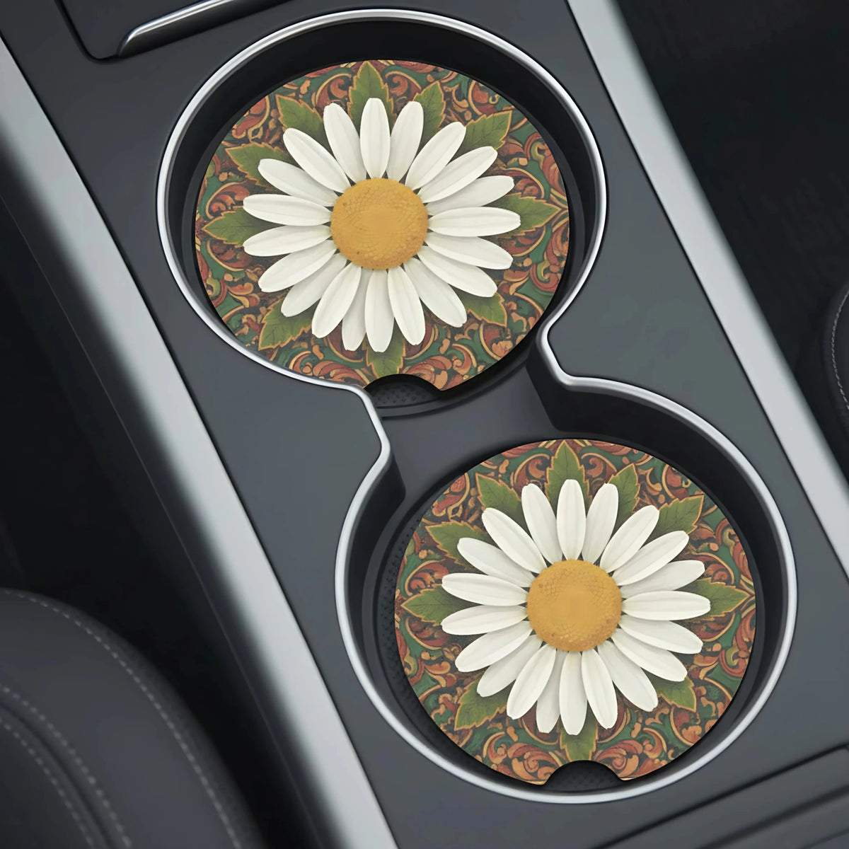 White Daisy Mandala Car Coasters Set - Road Muse