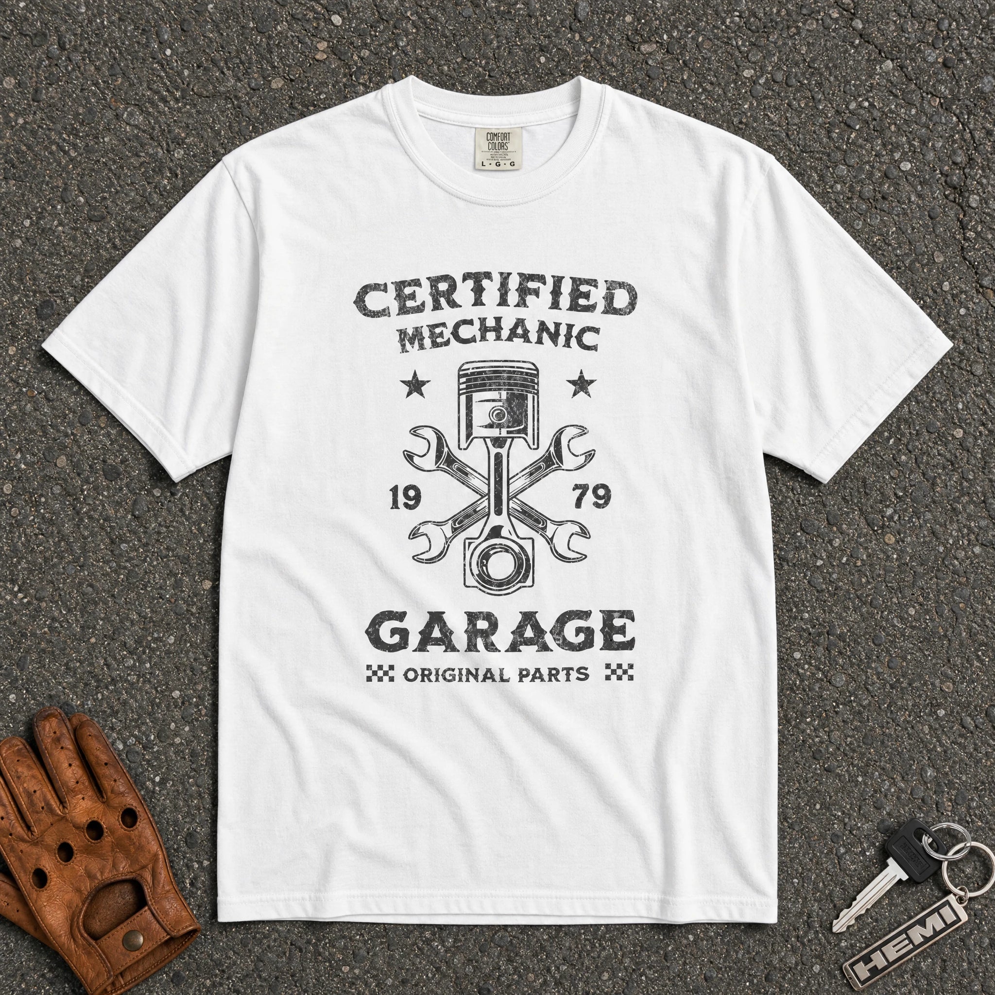 white certified mechanic comfort colors tshirt — vintage wrench piston garage graphic tee