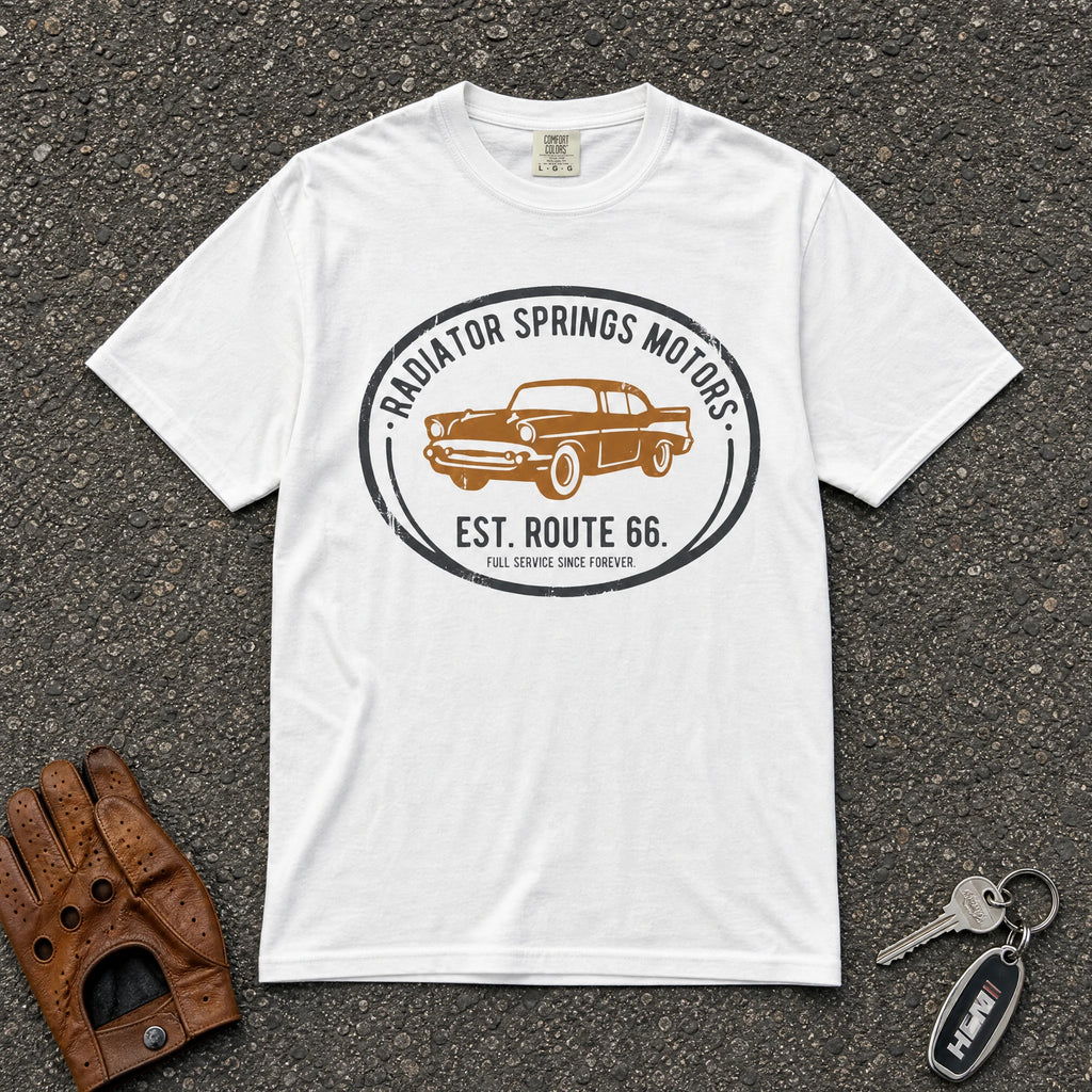white radiator springs route 66 retro graphic tshirt - vintage motor club comfort colors tee
