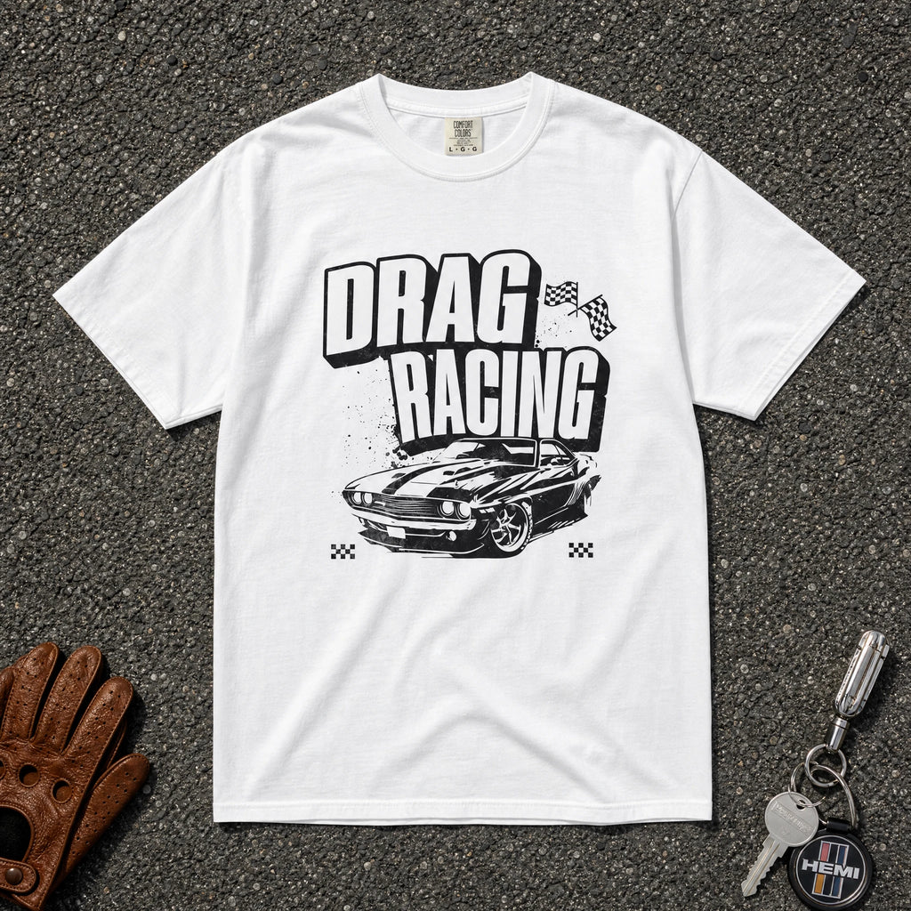 white drag racing vintage muscle car graphic tee — bold typography comfort colors shirt