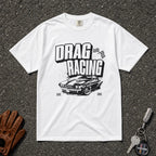 white drag racing vintage muscle car graphic tee — bold typography comfort colors shirt