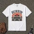 white built for the strip hot rod graphic tee — retro muscle car sunburst comfort colors shirt