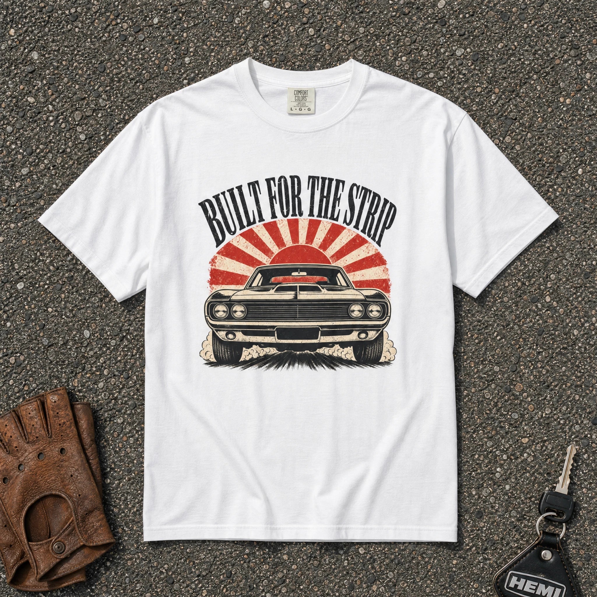 white built for the strip hot rod graphic tee — retro muscle car sunburst comfort colors shirt