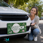 woman with golf mom vanity plate — green golf ball trophy front license plate