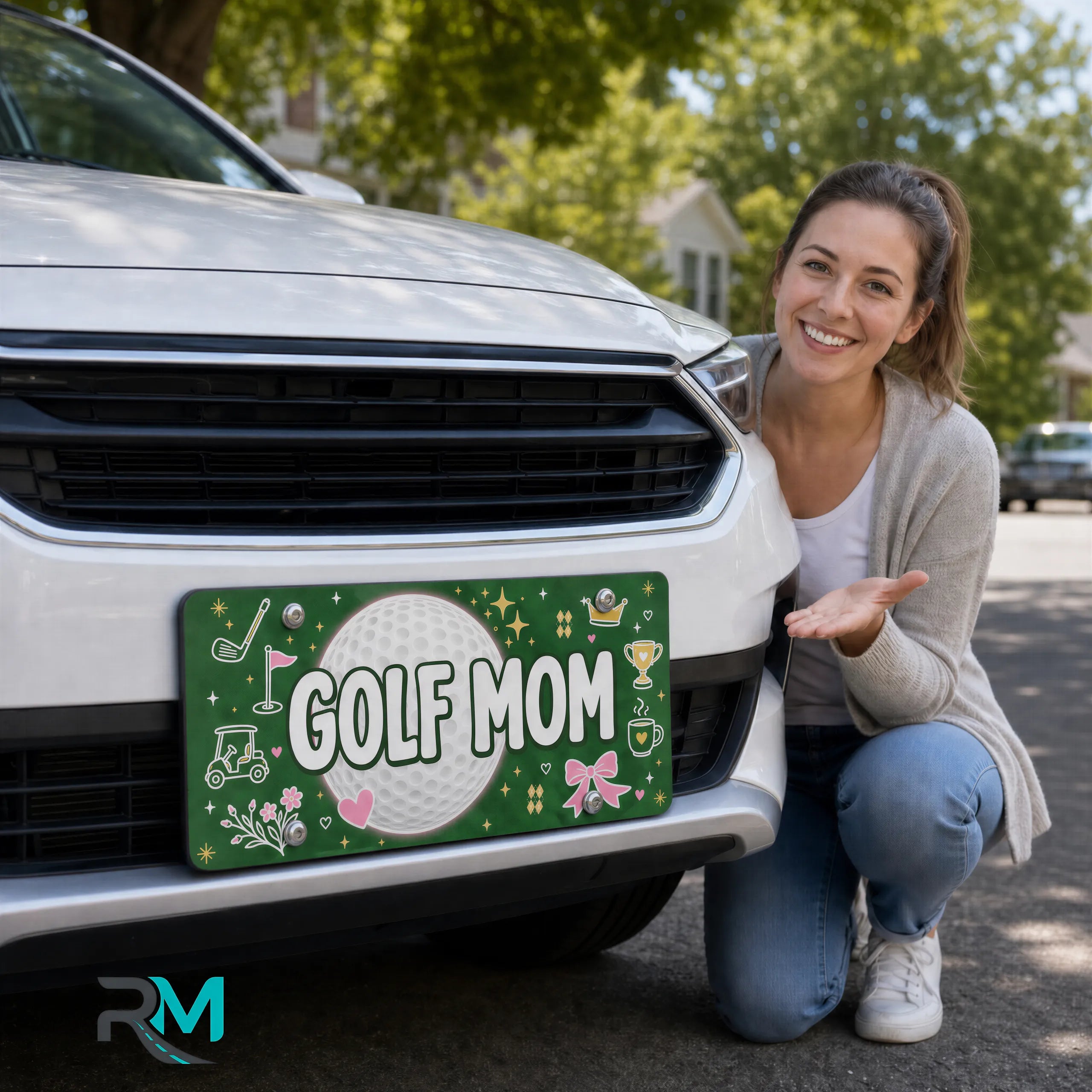 woman with golf mom vanity plate — green golf ball trophy front license plate