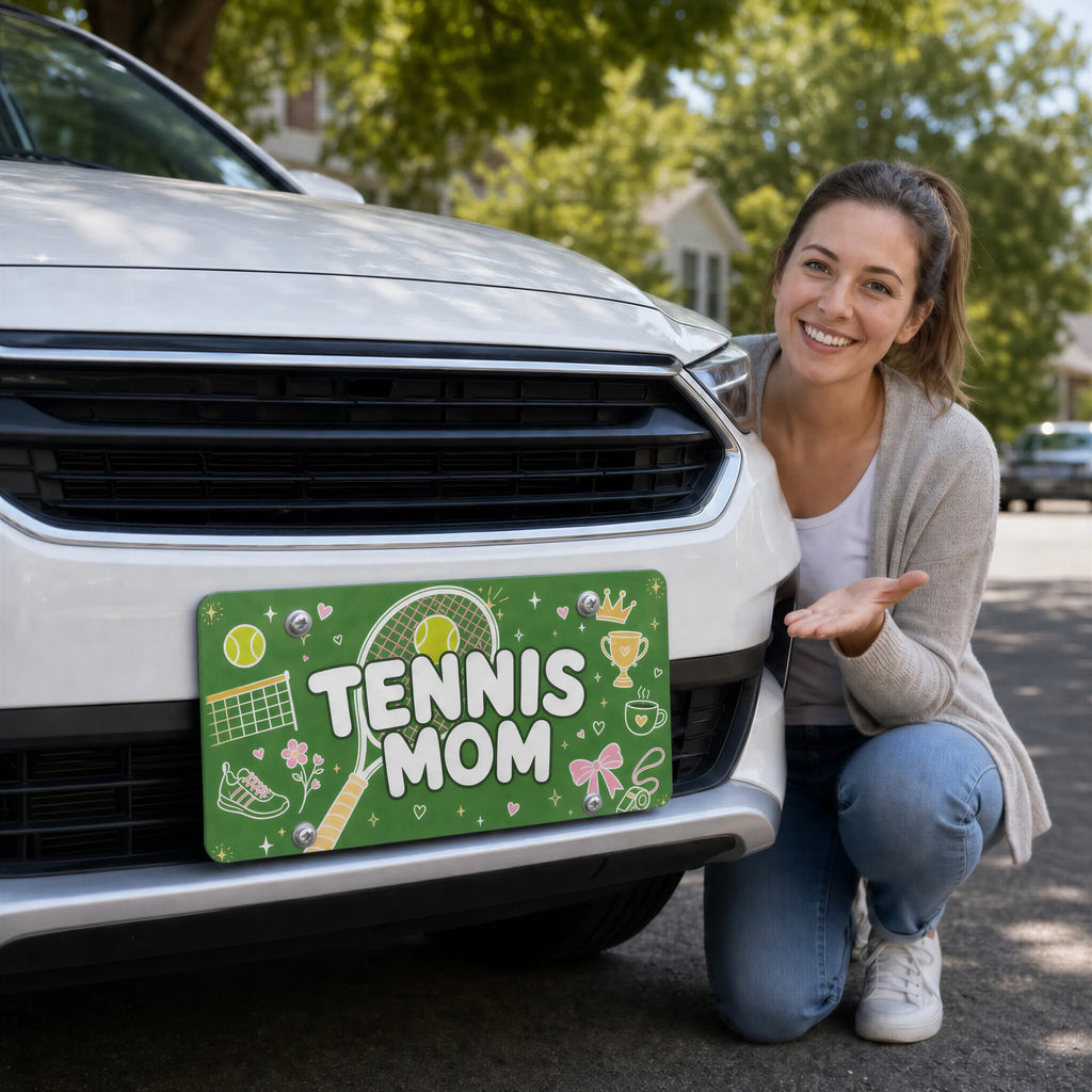 woman with tennis mom vanity plate — green tennis racket front license plate