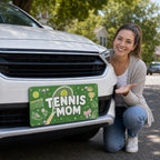 woman with tennis mom vanity plate — green tennis racket front license plate