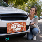 woman with baseball mom vanity plate — baseball bat glove front license plate