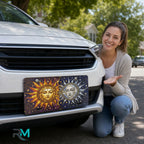 woman with sun moon celestial vanity plate — golden sun silver moon front license plate