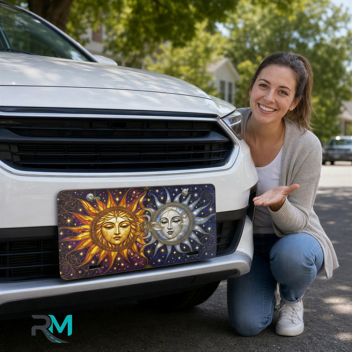 woman with sun moon celestial vanity plate — golden sun silver moon front license plate