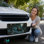 woman with moonlit stag forest night vanity plate — deep teal stag moonlit pines front license plate