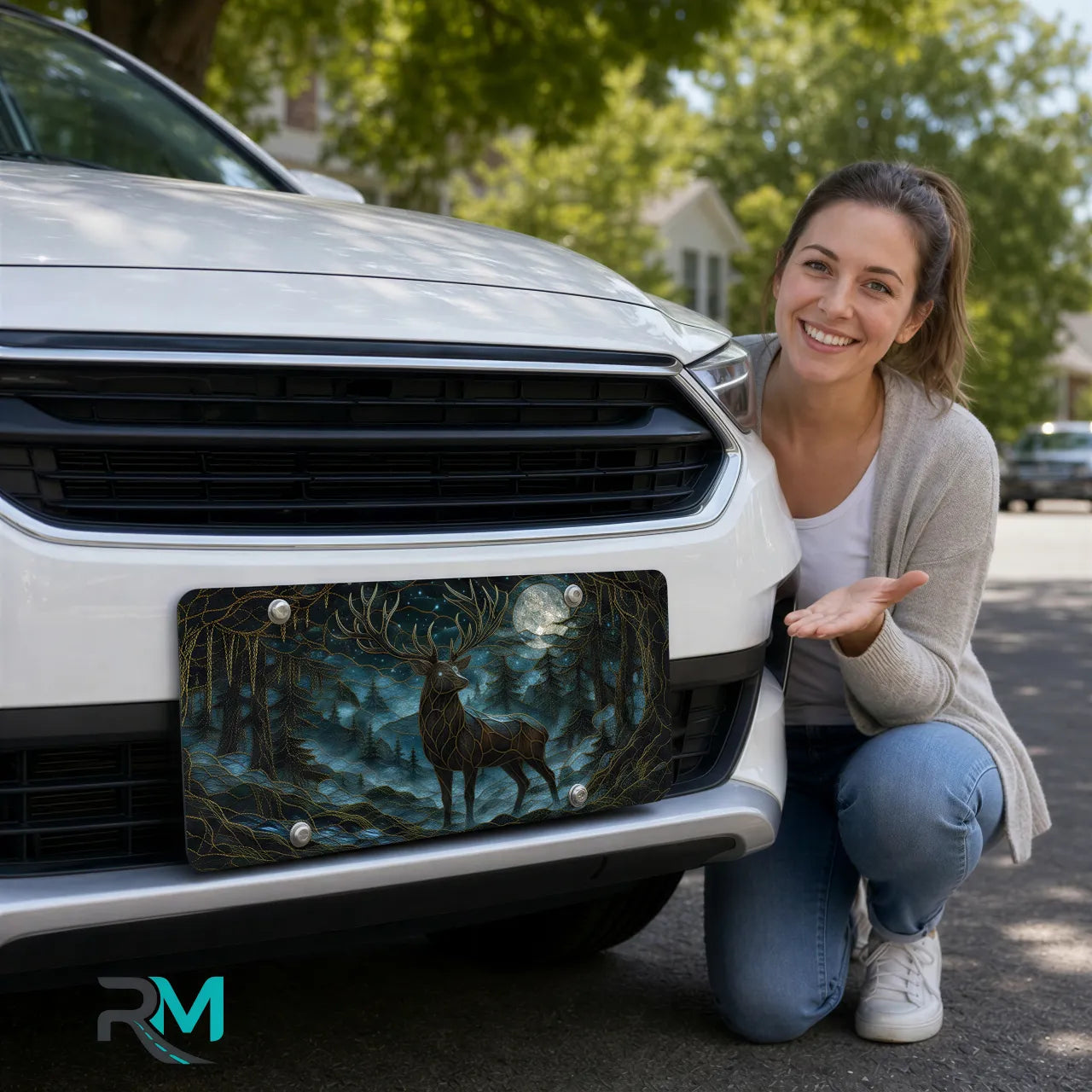 woman with moonlit stag forest night vanity plate — deep teal stag moonlit pines front license plate