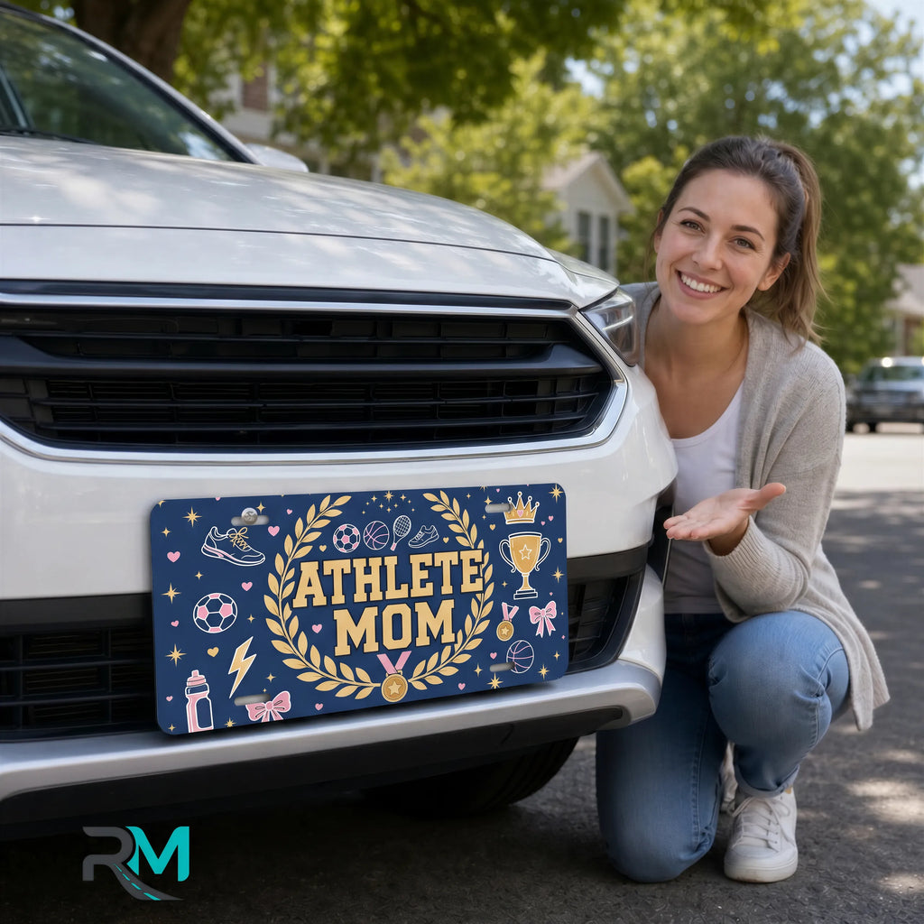 woman with athlete mom vanity plate — navy gold laurel wreath front license plate