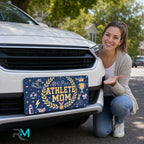 woman with athlete mom vanity plate — navy gold laurel wreath front license plate