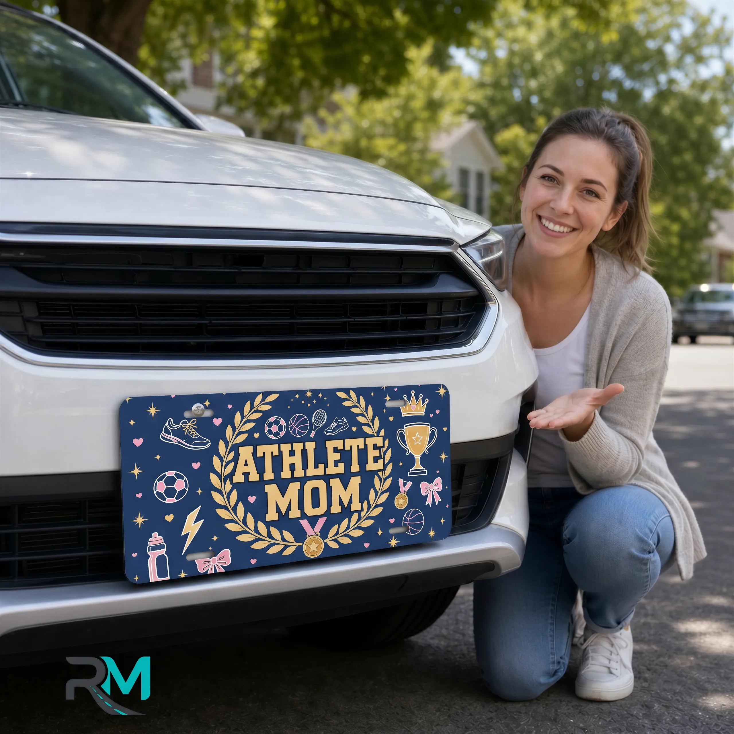woman with athlete mom vanity plate — navy gold laurel wreath front license plate