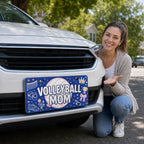 woman with volleyball mom vanity plate — navy pink volleyball front license plate