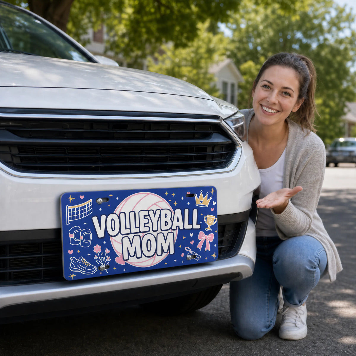 woman with volleyball mom vanity plate — navy pink volleyball front license plate