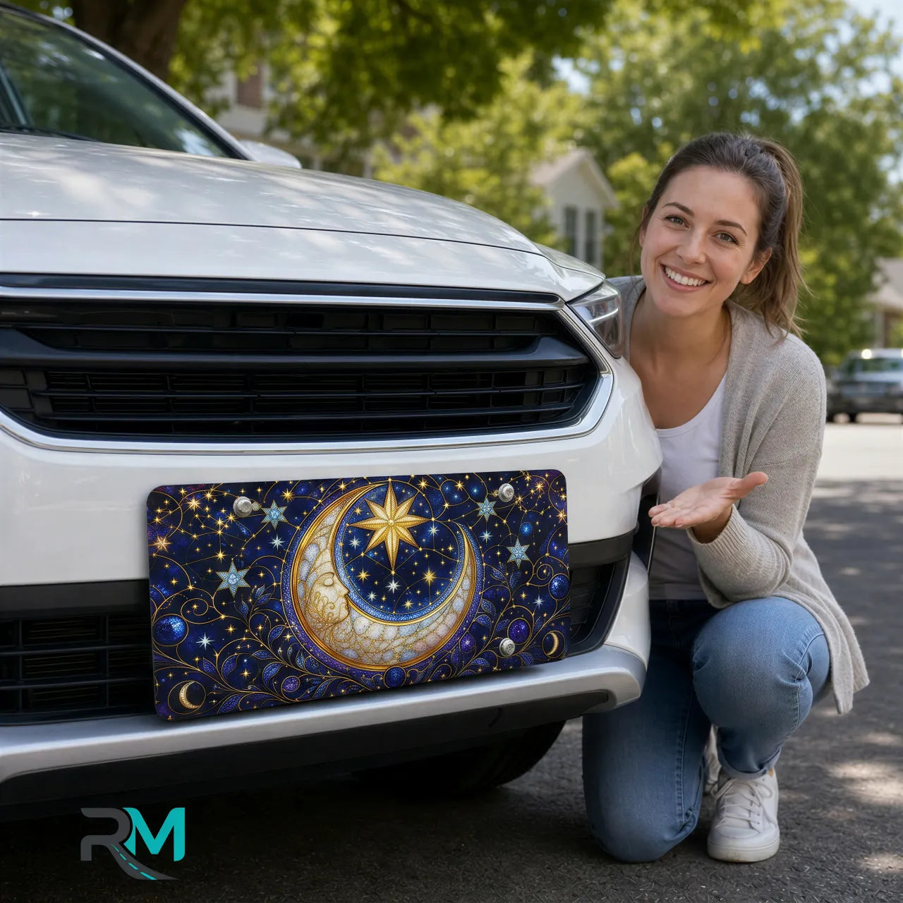 woman with moon star vanity plate — deep indigo crescent moon gold stars front license plate