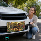 woman with dachshund garden vanity plate — jewel tone dachshund rose garden front license plate
