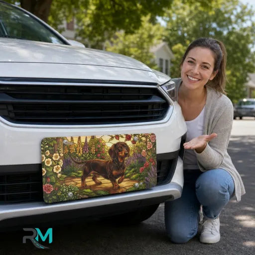 woman with dachshund garden vanity plate — jewel tone dachshund rose garden front license plate