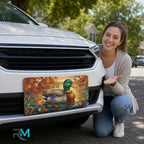 woman with mallard duck vanity plate — emerald mallard autumn amber pond front license plate