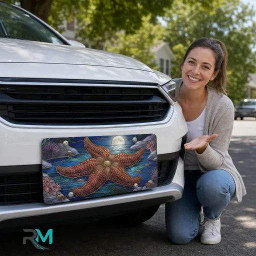 woman with starfish moonlight vanity plate — deep ocean blue silver front license plate