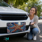 woman with starfish moonlight vanity plate — deep ocean blue silver front license plate