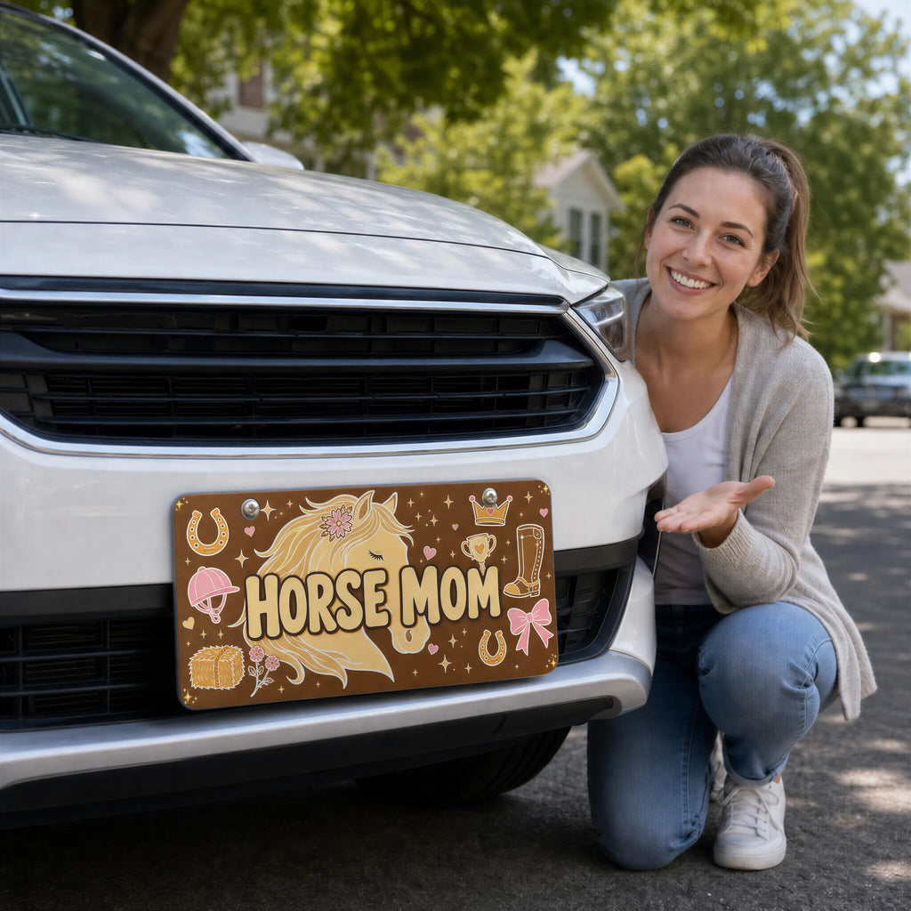 woman with horse mom vanity plate — warm brown cream mare front license plate