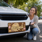 woman with horse mom vanity plate — warm brown cream mare front license plate