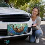 woman with sea otter stained glass vanity plate — jewel teal otter kelp front license plate