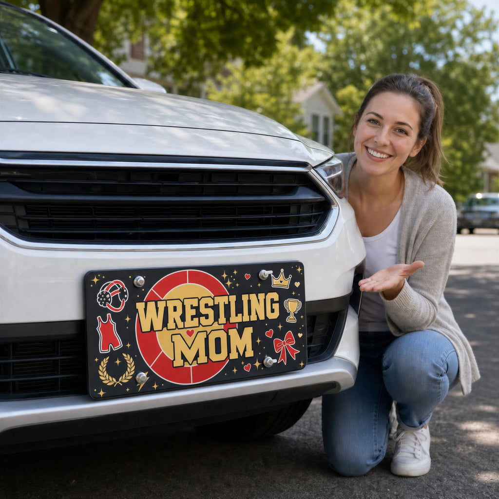 woman with wrestling mom vanity plate — red gold WRESTLING MOM front license plate