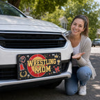 woman with wrestling mom vanity plate — red gold WRESTLING MOM front license plate