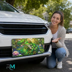 woman with green tree frog vanity plate — jewel green frog lily pad front license plate