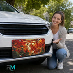 woman with autumn fox torii vanity plate — vermillion torii fox amber maple front license plate