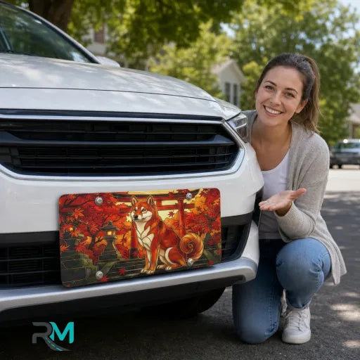woman with autumn fox torii vanity plate — vermillion torii fox amber maple front license plate