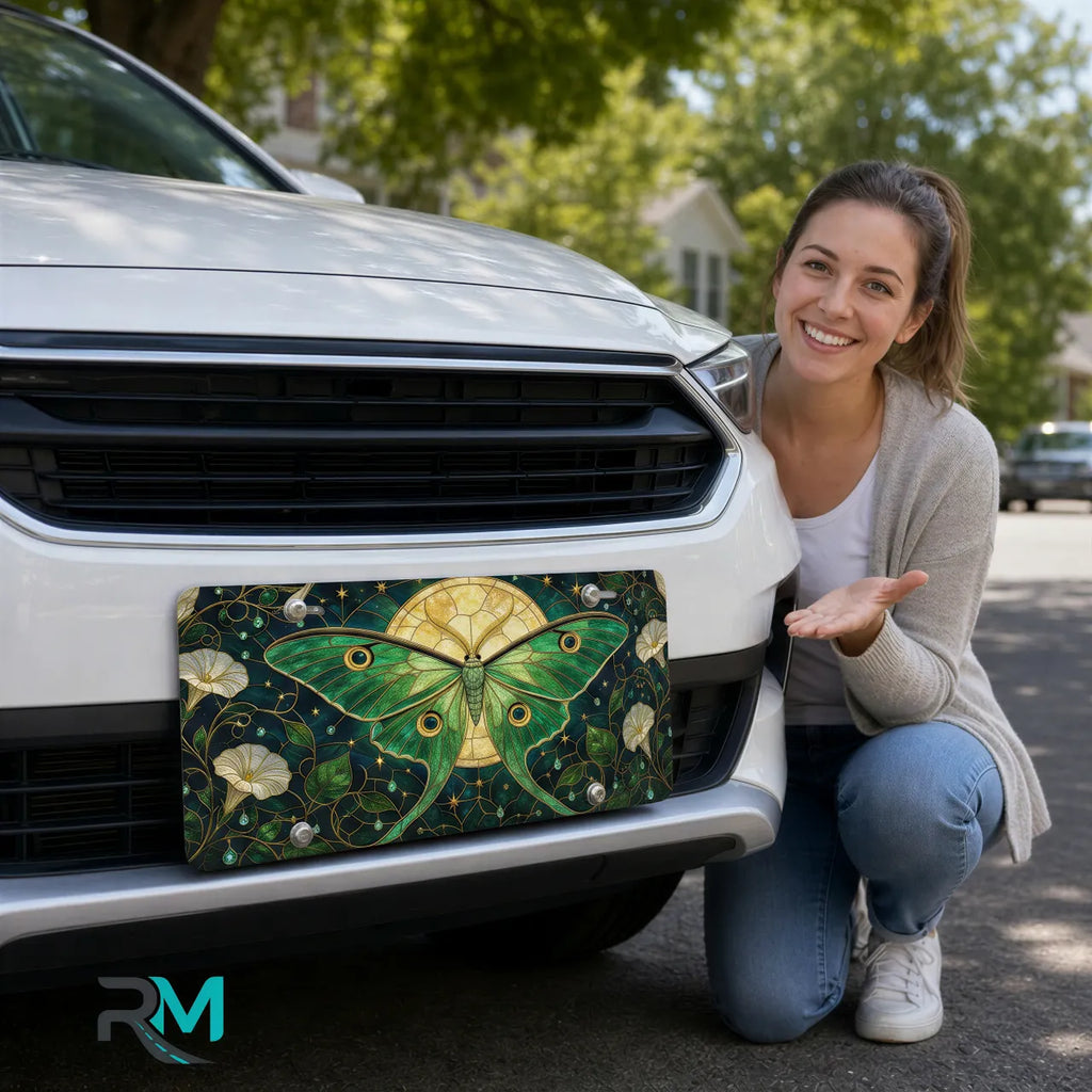 woman with green luna moth vanity plate — emerald luna moth stained glass front license plate