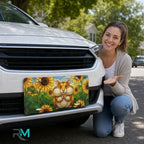 woman with hamster sunflowers vanity plate — warm golden hamster sunflower front license plate