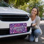 woman with gymnastics mom vanity plate — purple pink ribbon front license plate