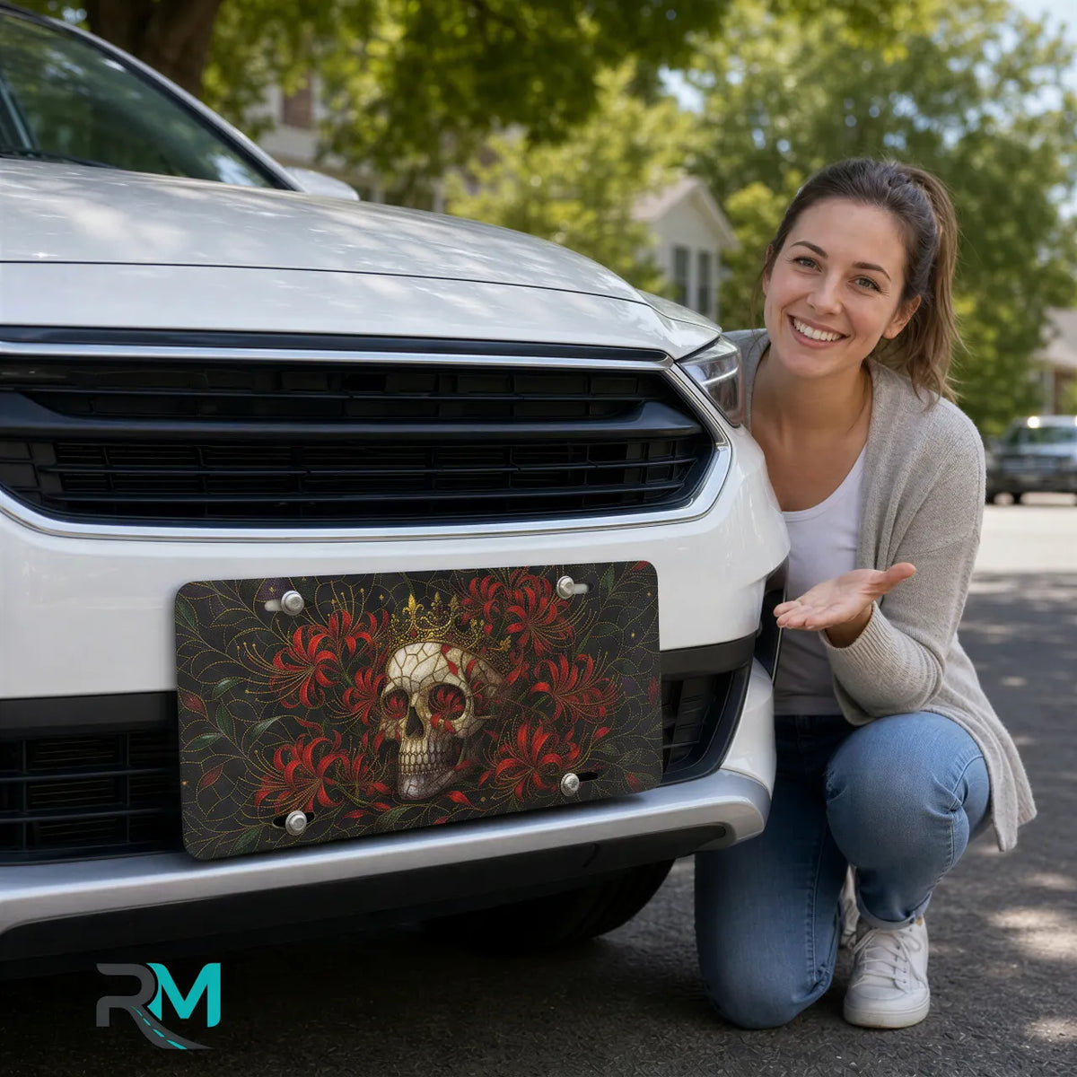 woman with skull crown red flowers vanity plate — jewel red crowned skull gothic front license plate