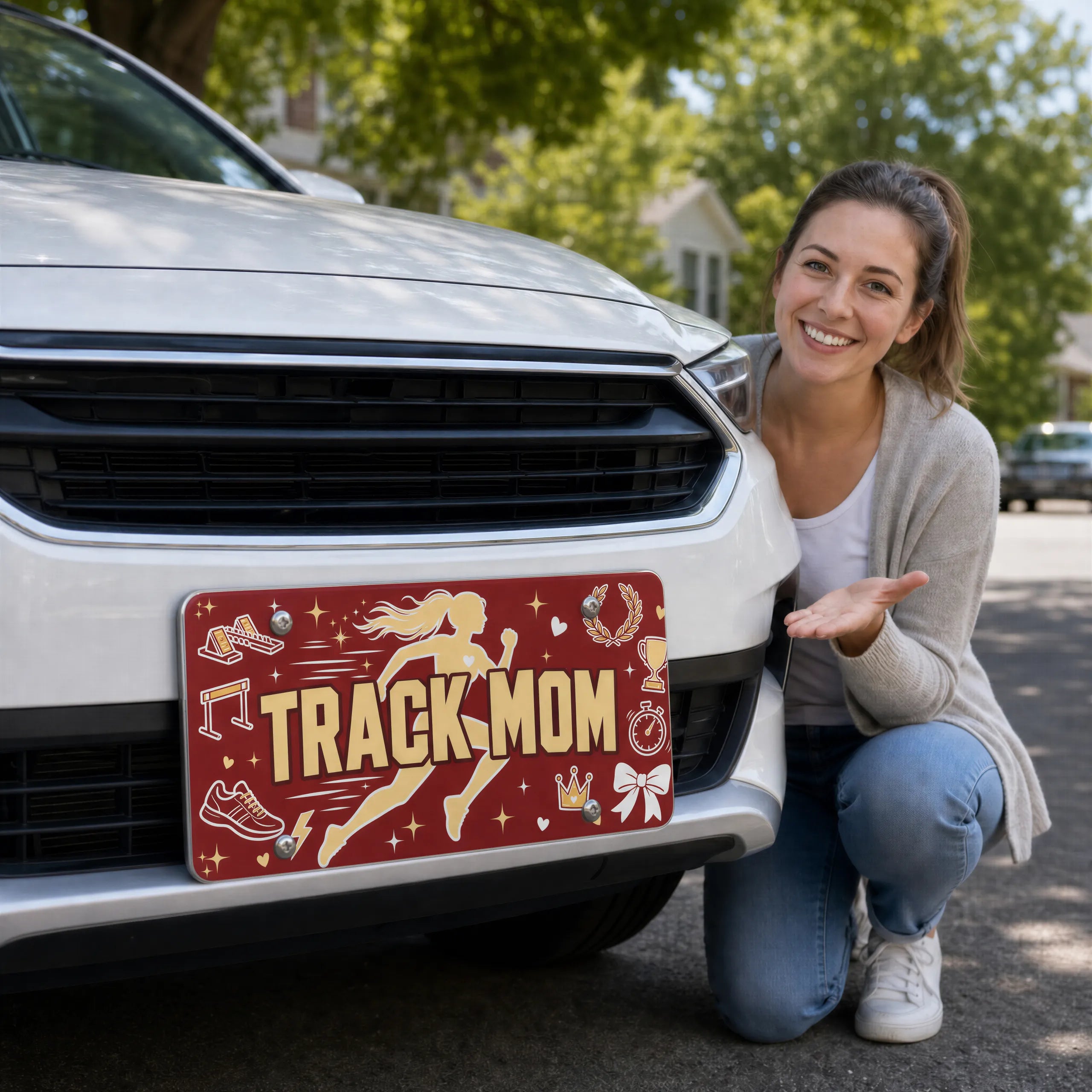 woman with track mom vanity plate — runner silhouette TRACK MOM front license plate