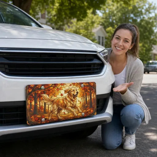 woman with golden retriever vanity plate — warm amber rust autumn retriever front license plate