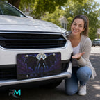 woman with mothman silhouette vanity plate — deep purple mothman cryptid front license plate