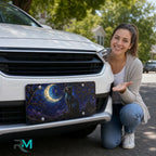 woman with moonlit black cat vanity plate — deep indigo cobalt black cat crescent moon front license plate