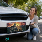 woman with sunset wolves vanity plate — jewel tone wolves mountain sunrise front license plate