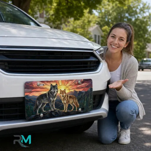woman with sunset wolves vanity plate — jewel tone wolves mountain sunrise front license plate