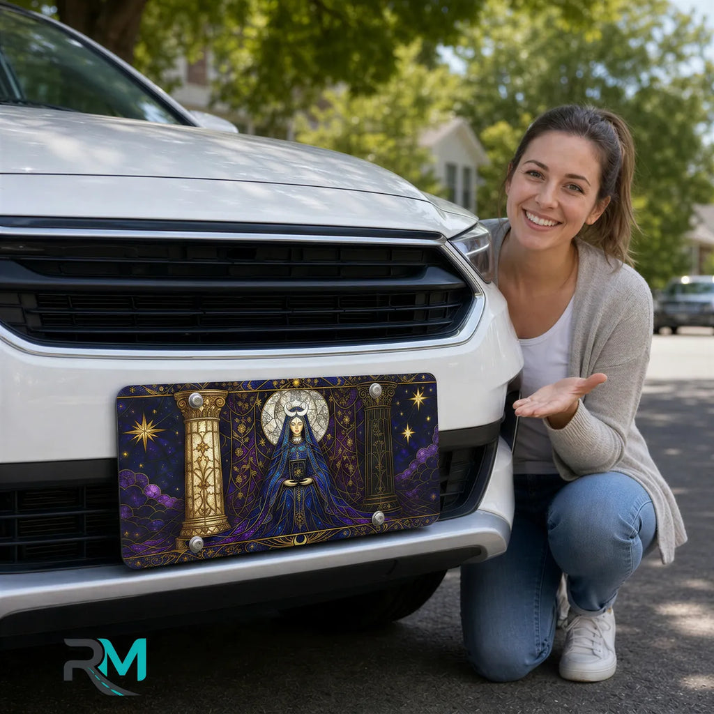 woman with mystic oracle vanity plate — deep indigo gold oracle celestial front license plate